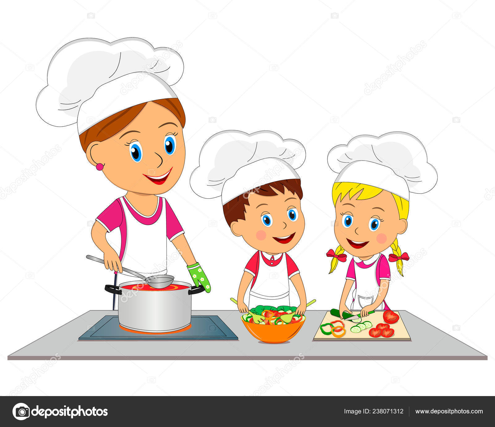 Kids Boy Girl Woman Cooking White Background Vector Illustration ...