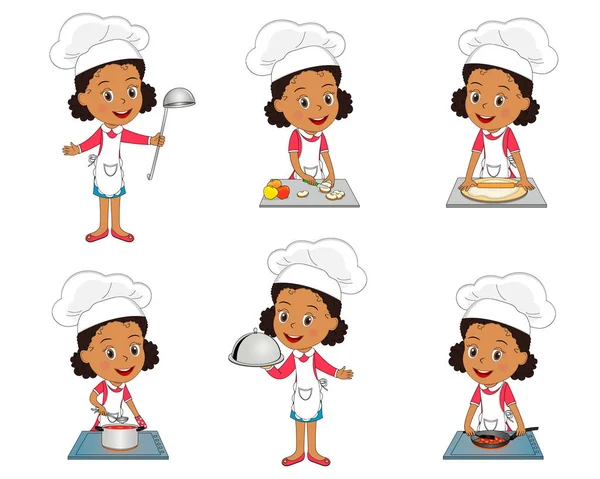 Lkids Little Girl Cooking Collection Vector Illustration — Stock Vector