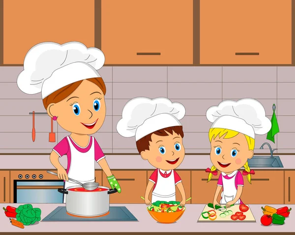 Bambini Ragazzo Ragazza Donna Stanno Cucinando Sullo Sfondo Della Cucina — Vettoriale Stock