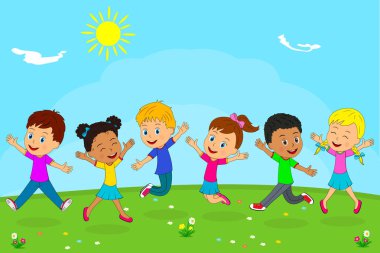 Çocuklar, kızlar ve oğlanlar oynayan bir yaz arka plan, illüstrasyon, vektör