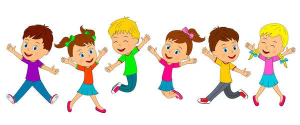 Kids Boys Girls Jumping Smiling Hands Illustration Vector — Stock Vector