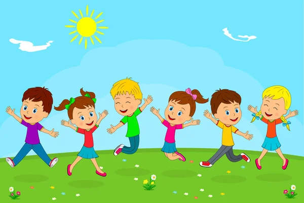 Çocuklar, çocuklar ve kızlar oynamak bir yaz arka plan, illüstrasyon, vektör