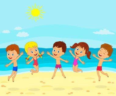 Çocuklar, erkek ve kız oynamak ve atlama yaz plaj, illüstrasyon, vektör