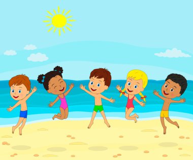 Çocuklar, erkek ve kız oynamak ve atlama yaz plaj, illüstrasyon, vektör
