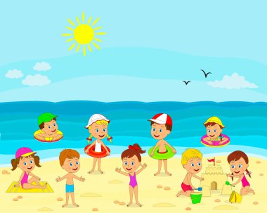 Çocuklar, çocuklar ve kızlar oynamak plaj, illüstrasyon, vektör