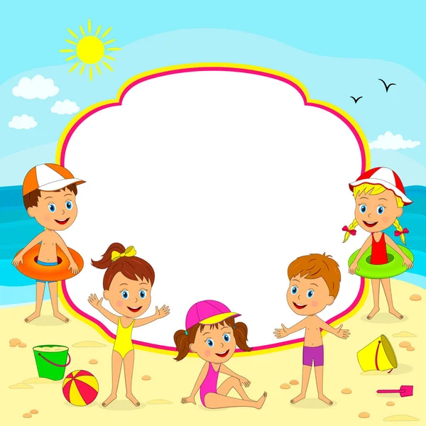 Děti Chlapci Dívky Rámečku Letní Beach Pozadí Ilustrace Vektorová — Stockový vektor