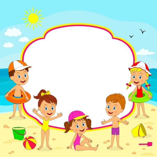 Enfants Garçons Filles Cadre Sur Fond Plage Été Illustration Vecteur — Image vectorielle