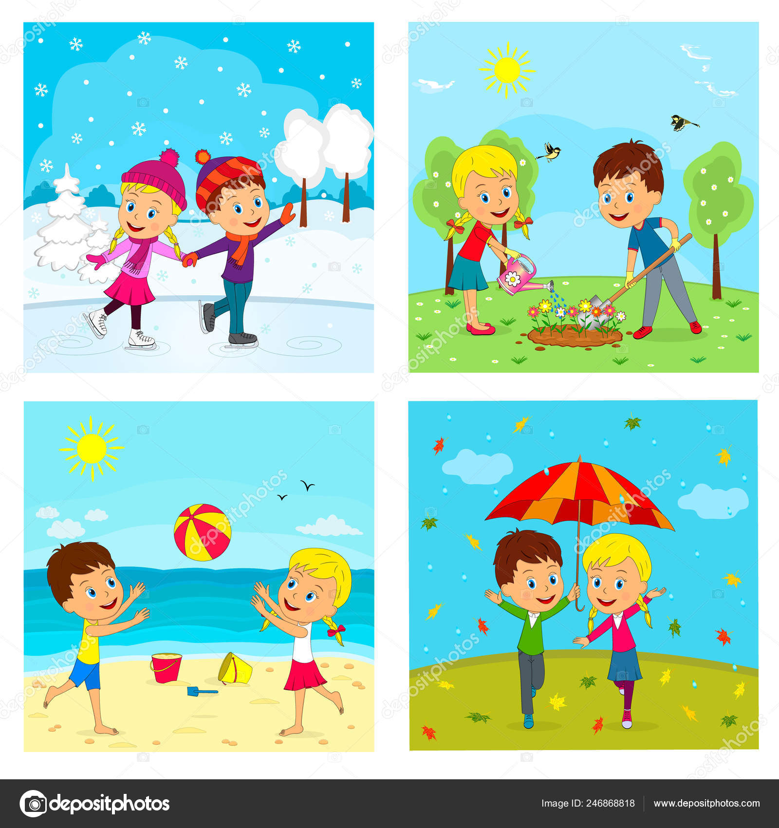 Kids Boy Girl Different Seasons Illustration Vector ...