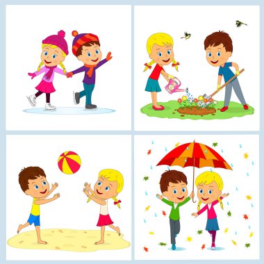 kids,boy and girl at for seasons, illustration,vector