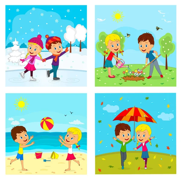 Çocuklar, erkek ve kız mevsimlere, illüstrasyon, vektör