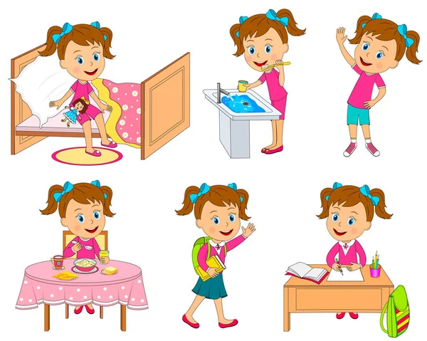 Girl Daily Routine Illustration Vector — Stock Vector