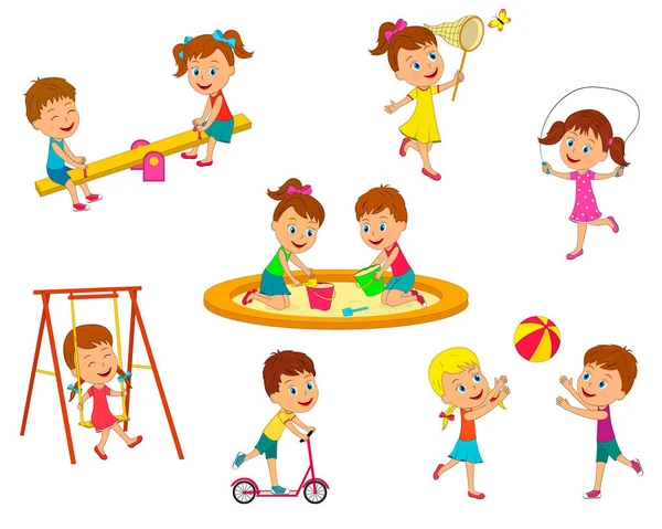 Meninos e meninas estão jogando na coleção playground —  Vetores de Stock
