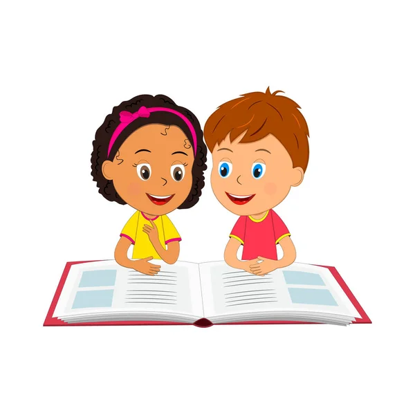 Chico y chica leer un libro — Vector de stock