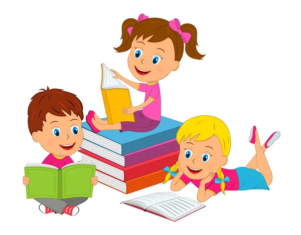 Niño y niñas leer libros — Vector de stock