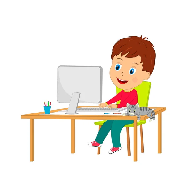 Little Cartoon Boy Using Computer Illustration Vector — Stock Vector