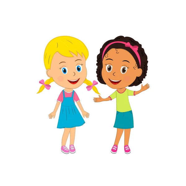 小さな漫画多文化の女の子が一緒に立っていますイラストベクトル — ストックベクタ