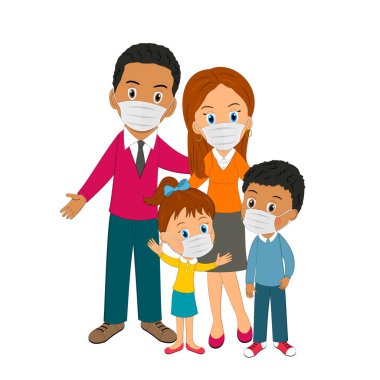 Tıbbi koruyucu maskeler takan aile, illüstrasyon, vektör