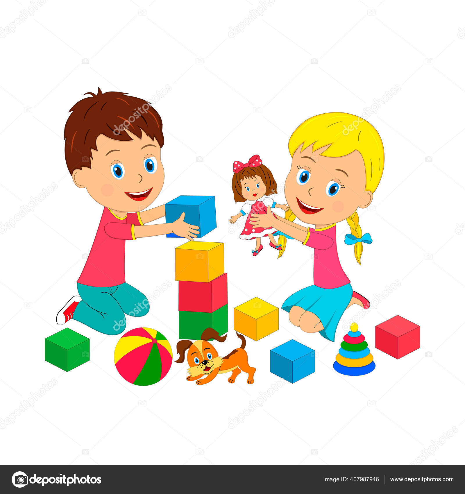Cartoon Little Kids Play Toys Vector Illustration Stock Vector Image by  ©iris828 #407987946
