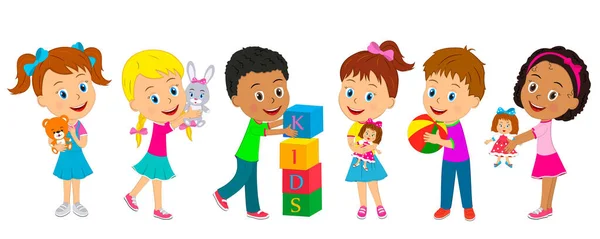 Niños Niños Niñas Juegan Con Juguetes Ilustración Vector — Vector de stock