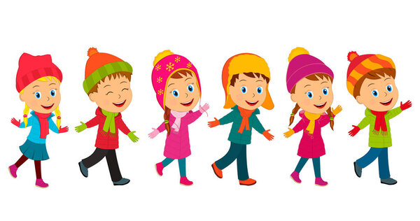 мультяшные маленькие дети идут вместе на белом фоне, иллюстрация, вектор