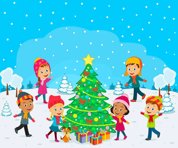 Kleine Cartoon Kids Spielen Winter Illustration Vektor — Stockvektor