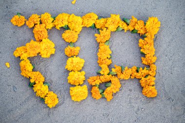 Hindu alfabesi harfi kutsal koç. Yerde sarı kadife çiçekleri ile yazılmış.