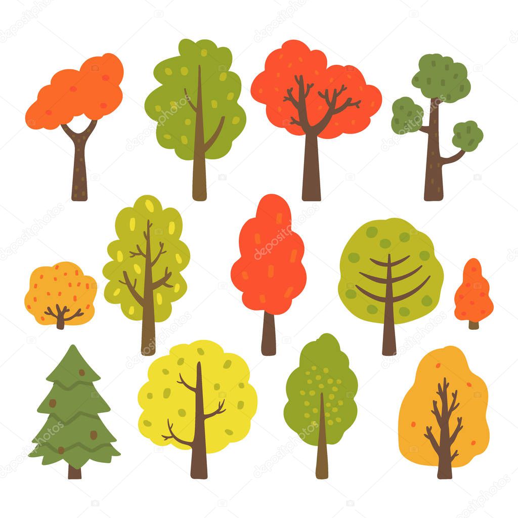 Autumn trees collection isolated on white background. Vector illustration.