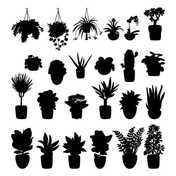 Sammlung von Silhouetten von Zimmerpflanzen. Topfpflanzen isoliert auf weißem Hintergrund. einfache Vektorillustration — Stockvektor