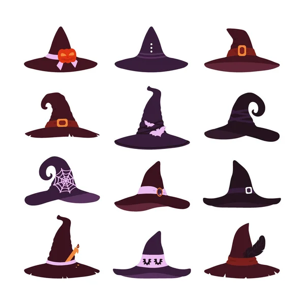 Witch hats collection isolated on white background. A set of items for Halloween. Vector illustration in the style of flat — Stock Vector