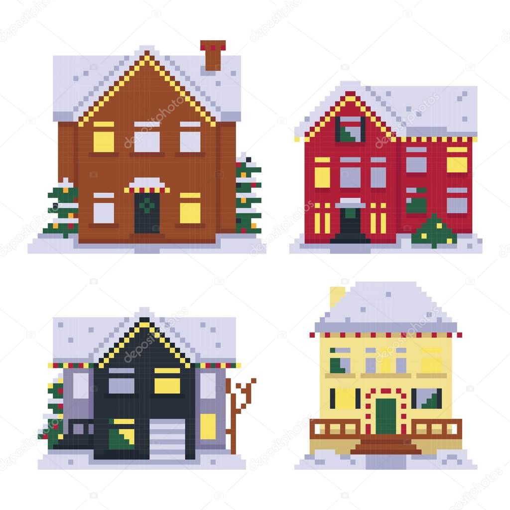 Set of pixel houses isolated on white background. Christmas decor. Winter. Graphics for games. 8 bit. Vector illustration in pixel art style