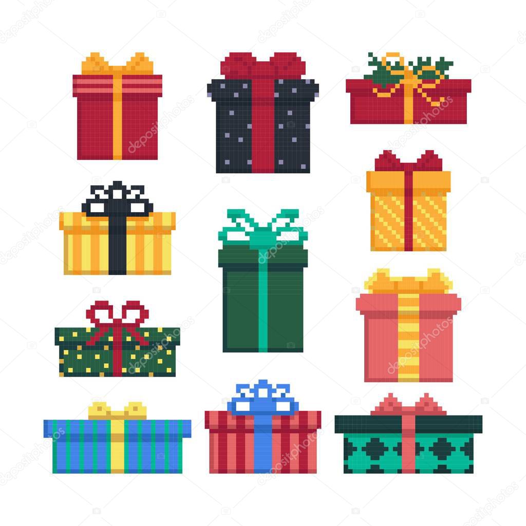 Set of gift boxes isolated on a white background. 8 bit. Graphics for games. Vector illustration in pixel art style