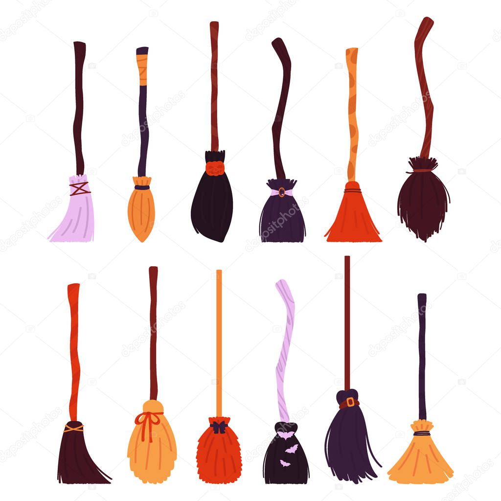 Witch brooms collection isolated on white background. A set of items for Halloween. Vector illustration in the style of flat