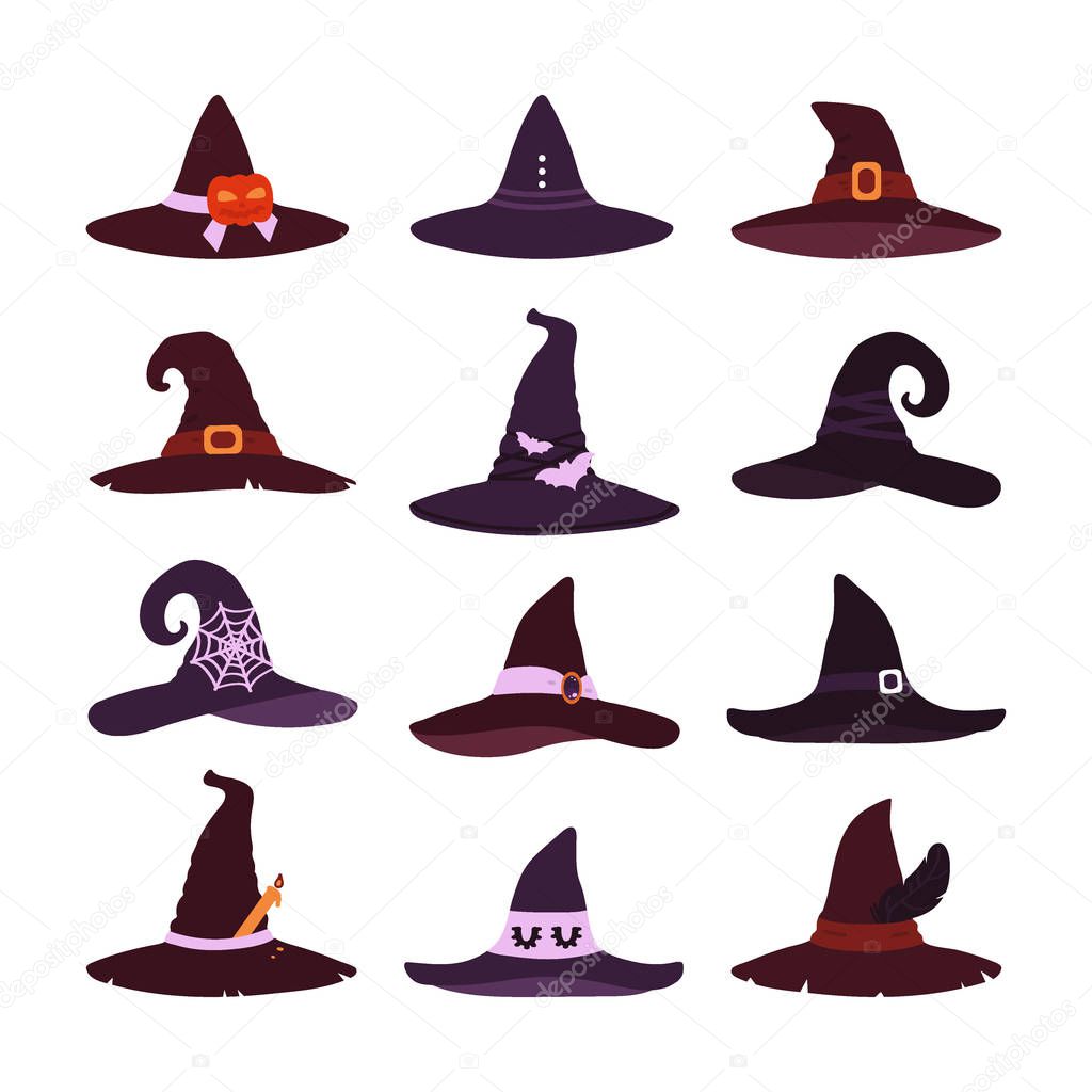 Witch hats collection isolated on white background. A set of items for Halloween. Vector illustration in the style of flat