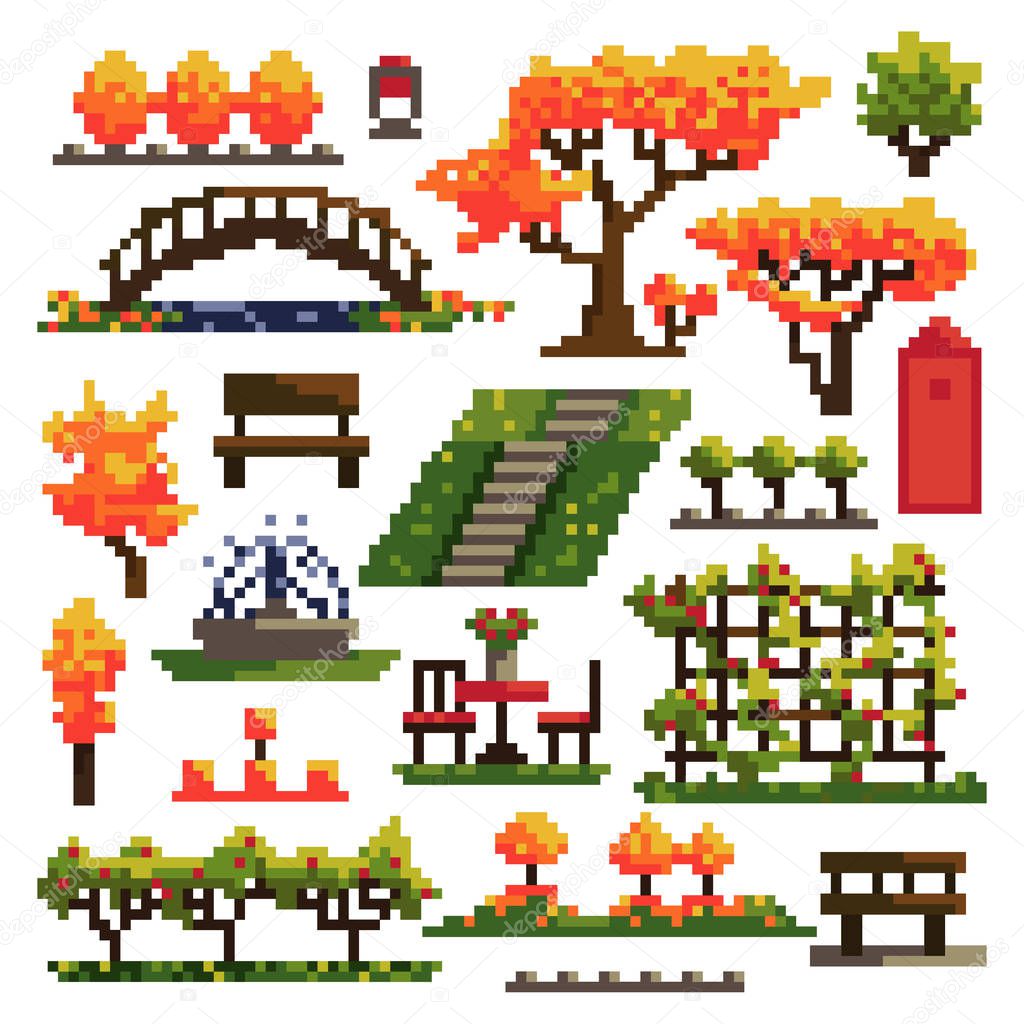 Set of objects for autumn park isolated on white background. Landscaping. Pixel art. Vector illustration