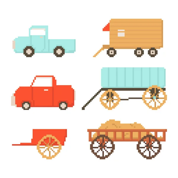 Set van dorp vervoer geïsoleerd op witte achtergrond. Auto, caravan, kar. Graphics voor spelletjes. 8 bits vectorillustratie in pixel art stijl — Stockvector