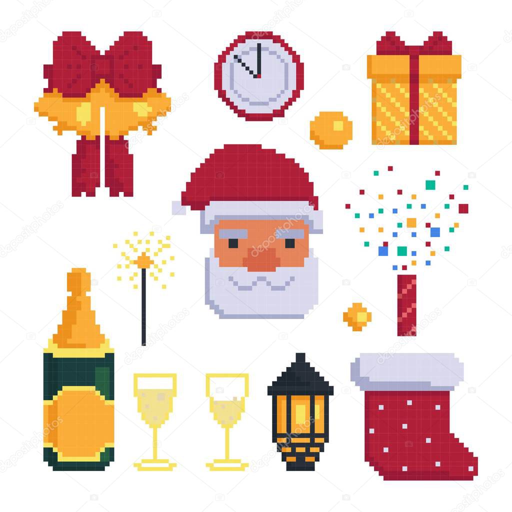 Icon set for christmas party. Items for the holiday. 8 bit. Graphics for games .Vector illustration in pixel art style