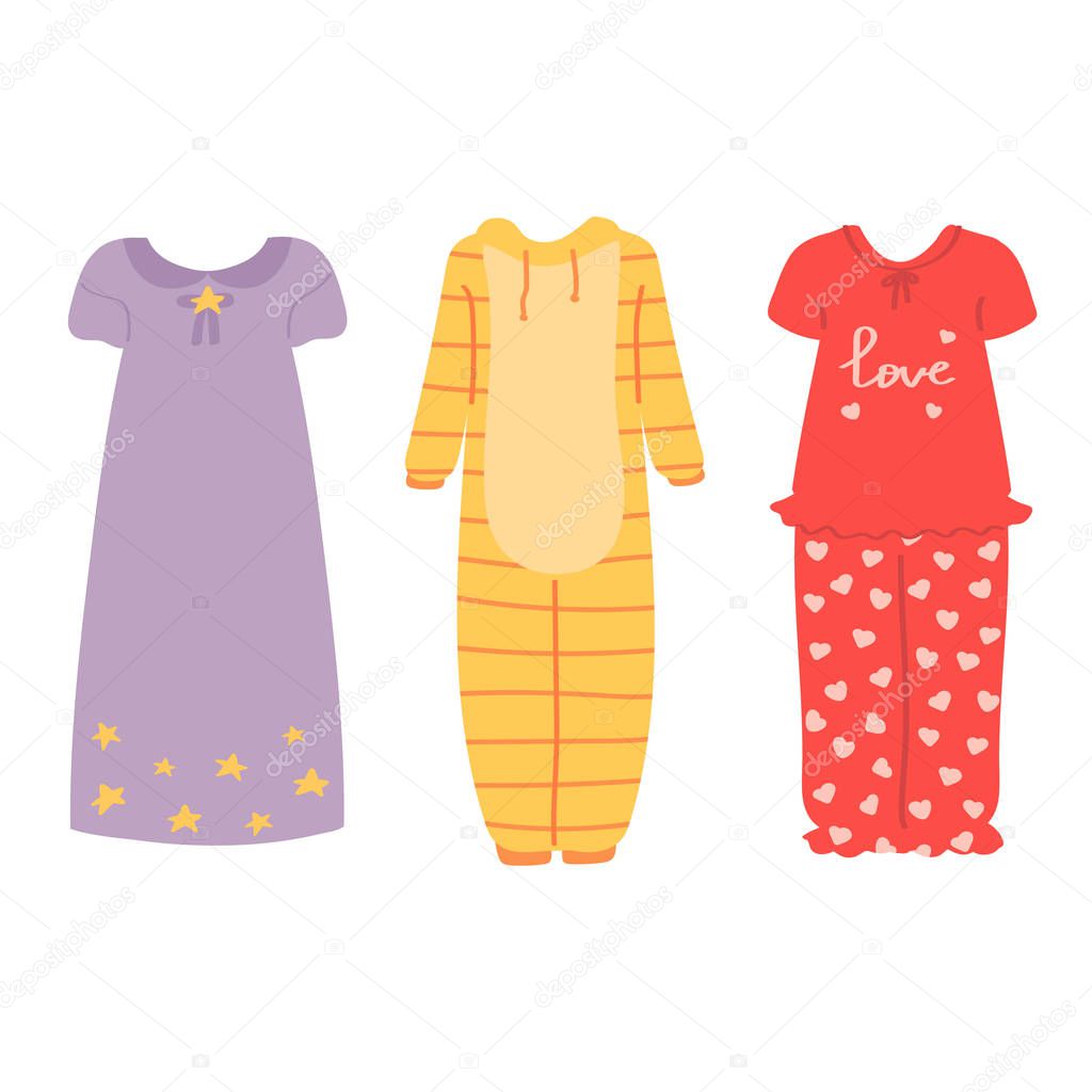 Set of pajamas isolated on a white background. Vector illustration in freehand drawing style
