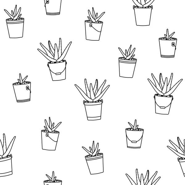 Aloe vera in Töpfen mit nahtlosem Muster auf weißem Hintergrund. Botanische Illustration für Tapeten, Hintergrund, Textilien, Drucke. Vektormuster im Umrissstil — Stockvektor