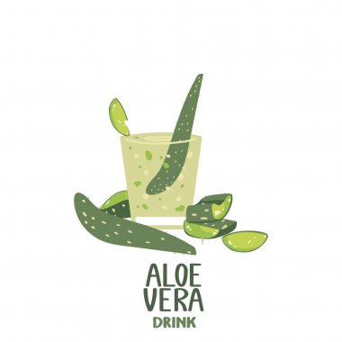 Aloe vera suyu beyaz bir arka plan üzerinde izole. Sağlıklı içecek. Bardakta kokteyl. Serbest çizim stilinde vektör çizimi