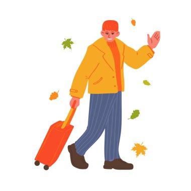 A young man walks with a suitcase and waves his hand. Red-haired guy. Autumn leaves. Character isolated on a white background. Vector illustration in hand drawn style clipart