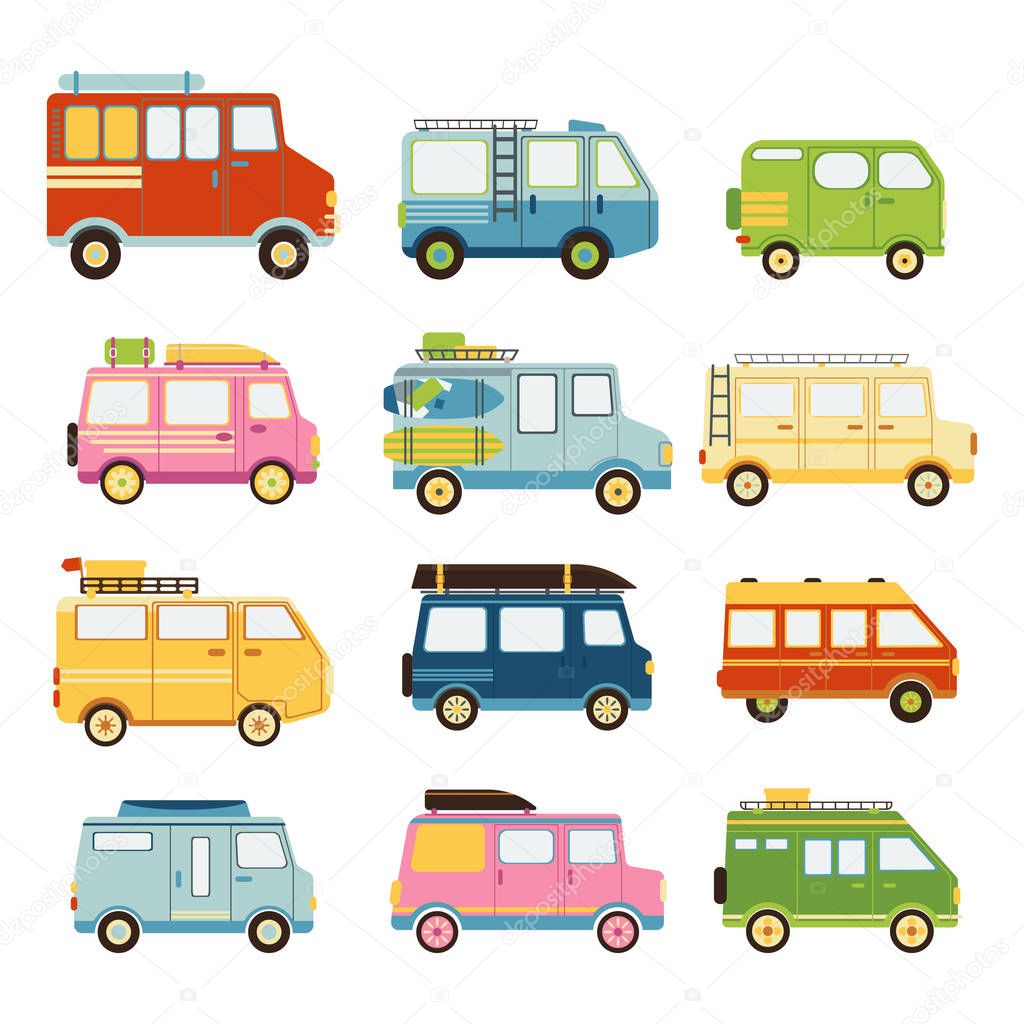 Collection of cars for travel isolated on white background. Comfortable transport. Camping, road trip, van life movement. Vector illustration in flat design style