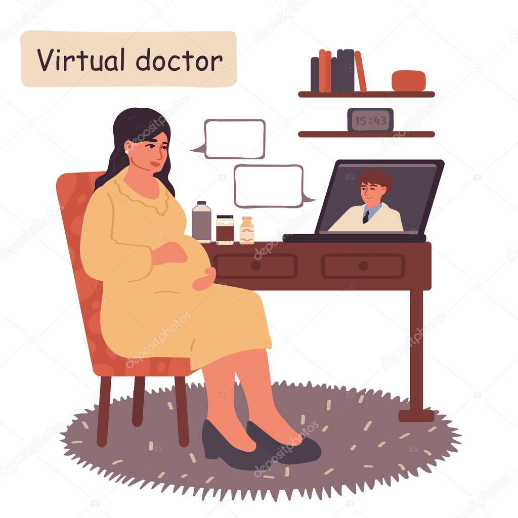 Pregnant woman at the appointment with a virtual doctor. Cyber technology concept. Virtual communication concept. Vector illustration in freehand drawn style