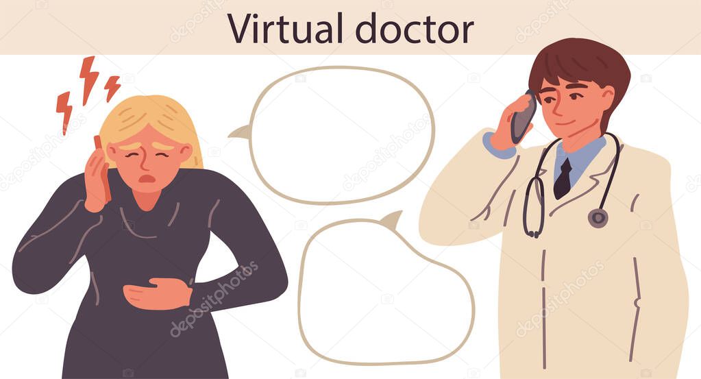 Woman with stomach disease calls a doctor. Technology concept vector design. Vector illustration in freehand drawn style
