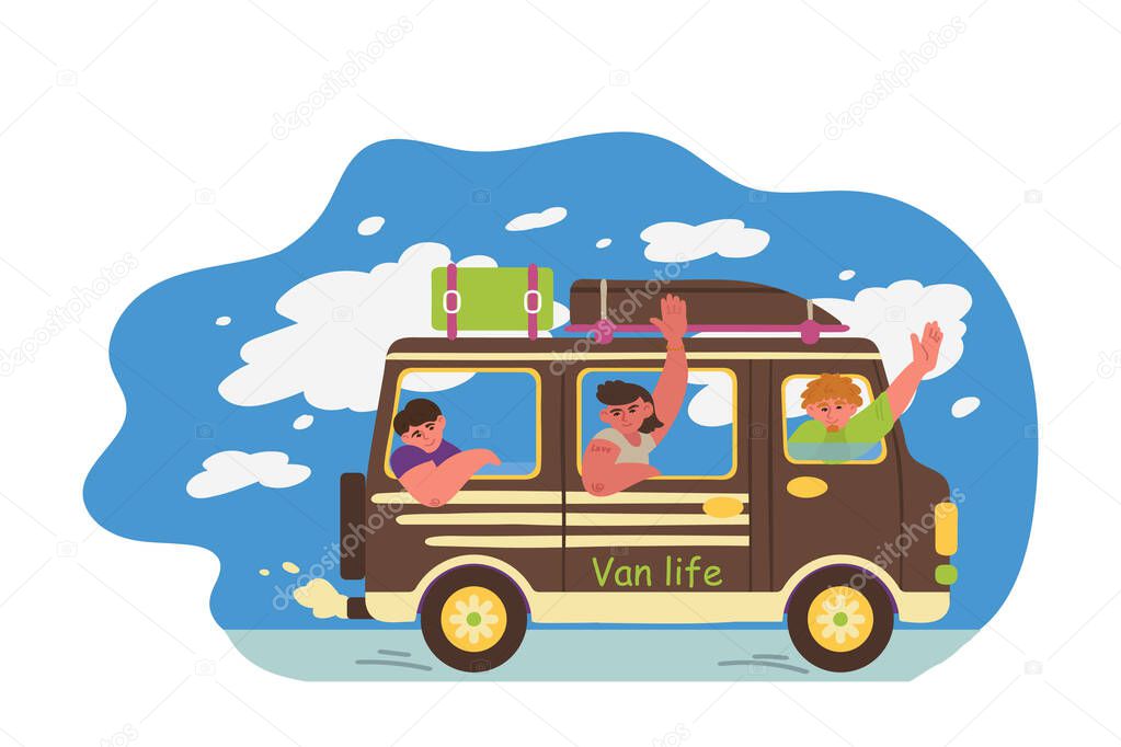 Cheerful men travel by car. Three youngster going on vacation. Van life movement. Vector illustration in freehand drawn style