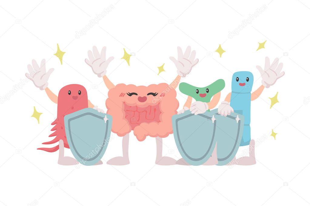 Intestines and probiotics. Digestive tract. Cute characters on a white background. Microscopic bacteria. Vector illustration in freehand drawn style