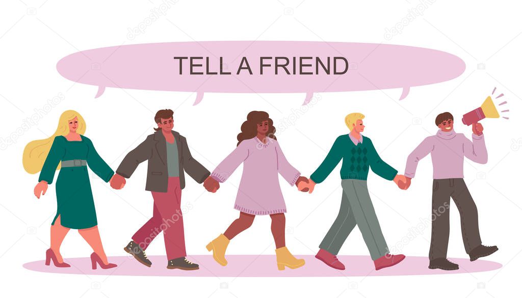 Group of people different nationalities and cultures go and hold hands. Concept of referral marketing, Tell a friends. Vector illustration in freehand drawn style