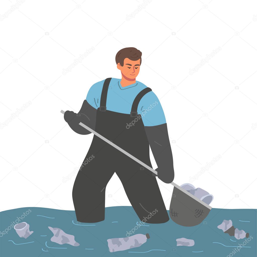 A man cleans the river from debris. Nature protection volunteers at work. Activist cleans water from plastic waste. Pollution control. Charity donation. Vector illustration in freehand drawn style
