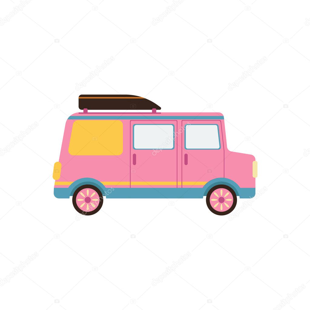Pink car for travel. Campervan. Van life movement. Vector illustration in freehand drawn style