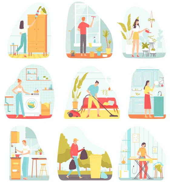 Collection of scenes with people doing housework. Set of men and women water plants, washing clothes, cleaning windows, dusting, washing dishes, vacuum the floor, taking out trash, ironing clothes — Stock Vector