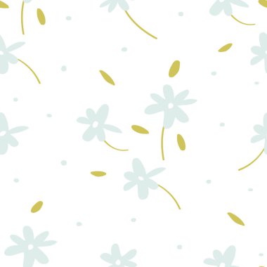 Mavi papatyalar beyaz arka planda pürüzsüz desenler. Karalama. Düz bir şekilde basit vektör çizimi. Tekstil, kartpostal, duvar kağıdı, ambalaj kağıdı için kullan